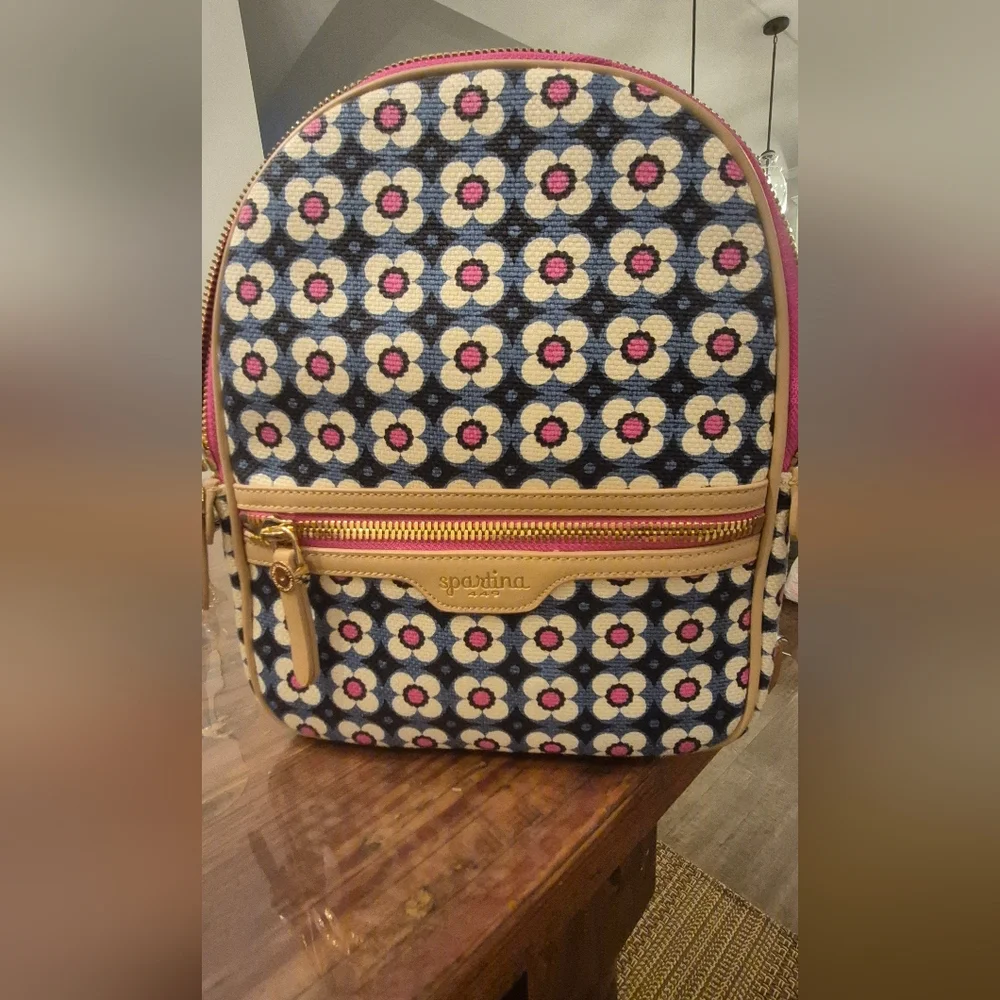 Spartina 449 Women's Blue Floral Linen & Leather Mini Backpack